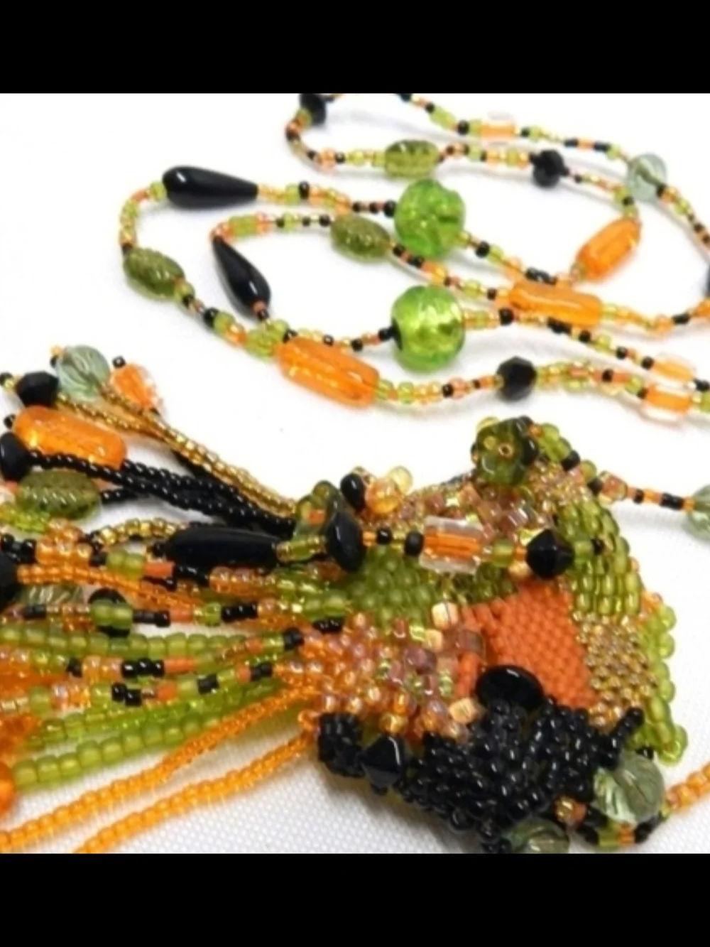 Handmade Orange & Green Beaded Fringe Necklace Glass Seed - Picture 2 of 5